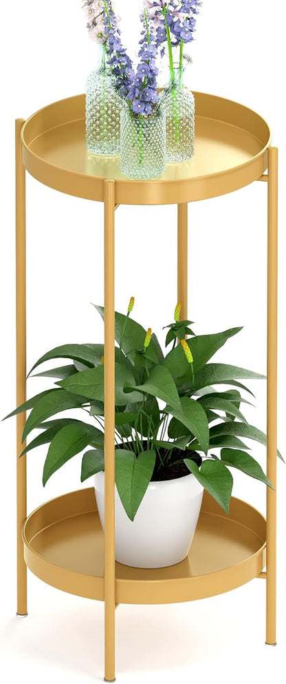 2 Tier Plant Stand Indoor Outdoor - 10.5In Width 24In Tall Flower Pot Rack | Heavy Duty Metal Plant Table Planter Display Shelf for Home Garden Patio Bathroom Office Living Room Balcony Corner Gold