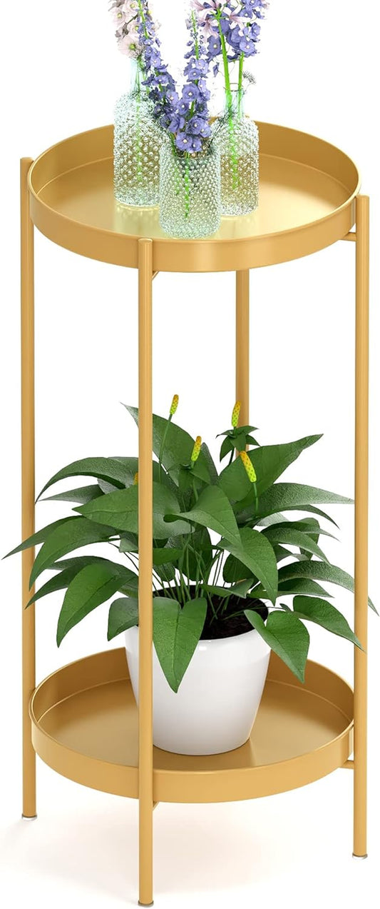 2 Tier Plant Stand Indoor Outdoor - 10.5In Width 24In Tall Flower Pot Rack | Heavy Duty Metal Plant Table Planter Display Shelf for Home Garden Patio Bathroom Office Living Room Balcony Corner Gold